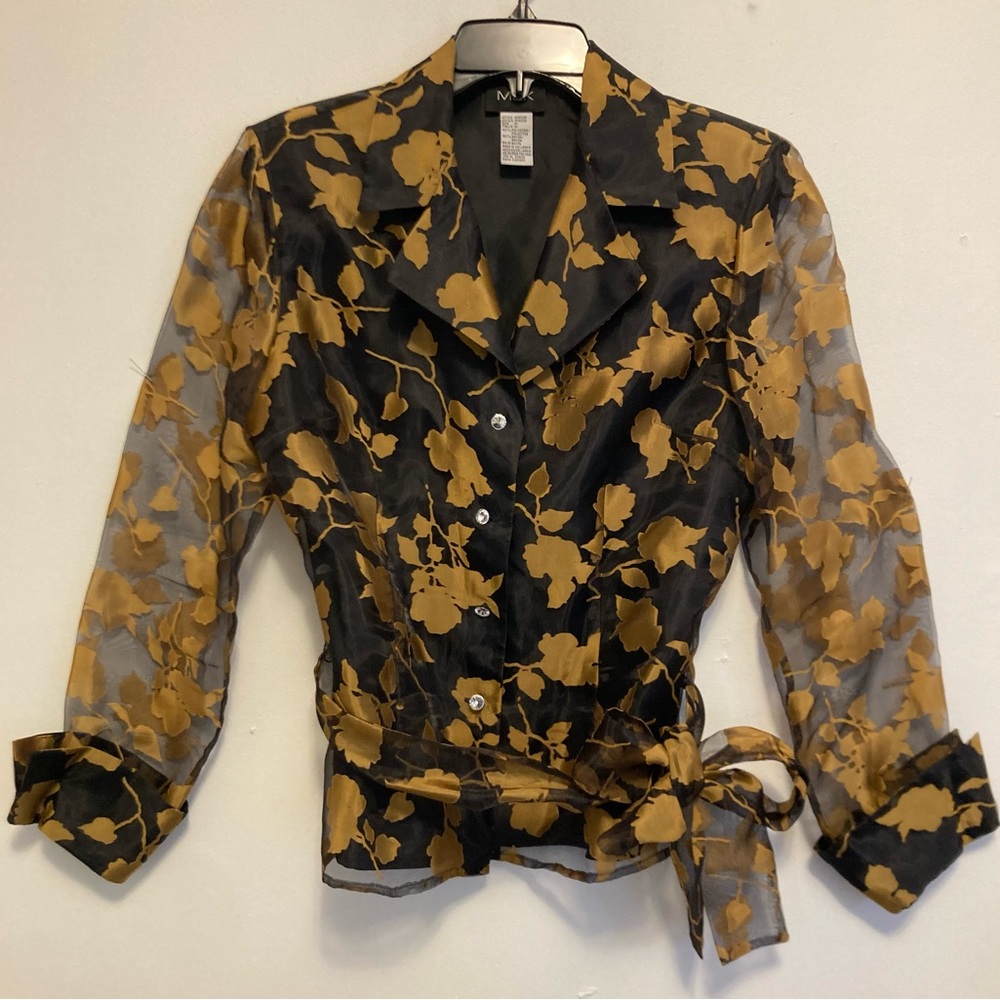 MSK Black/Gold Long Sleeve Blouse with Tie Front M